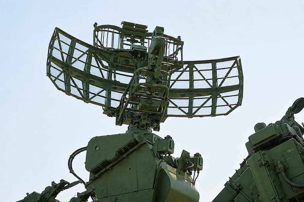 Mobile military radar antenna system against a clear sky