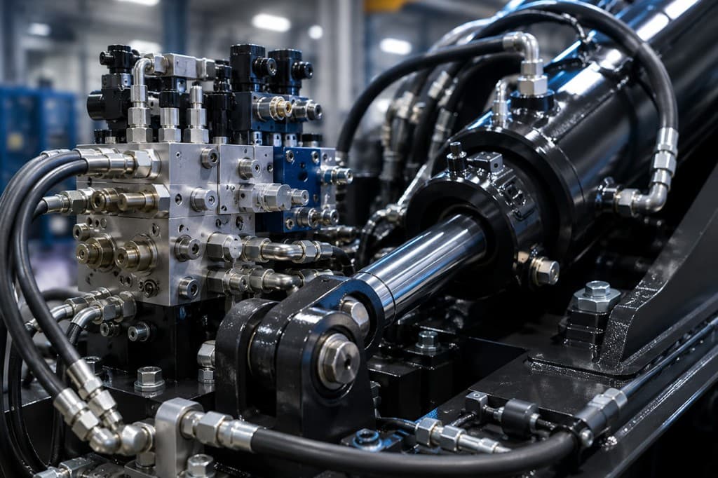Industrial hydraulic cylinder, manifold block and high-pressure hose assembly
