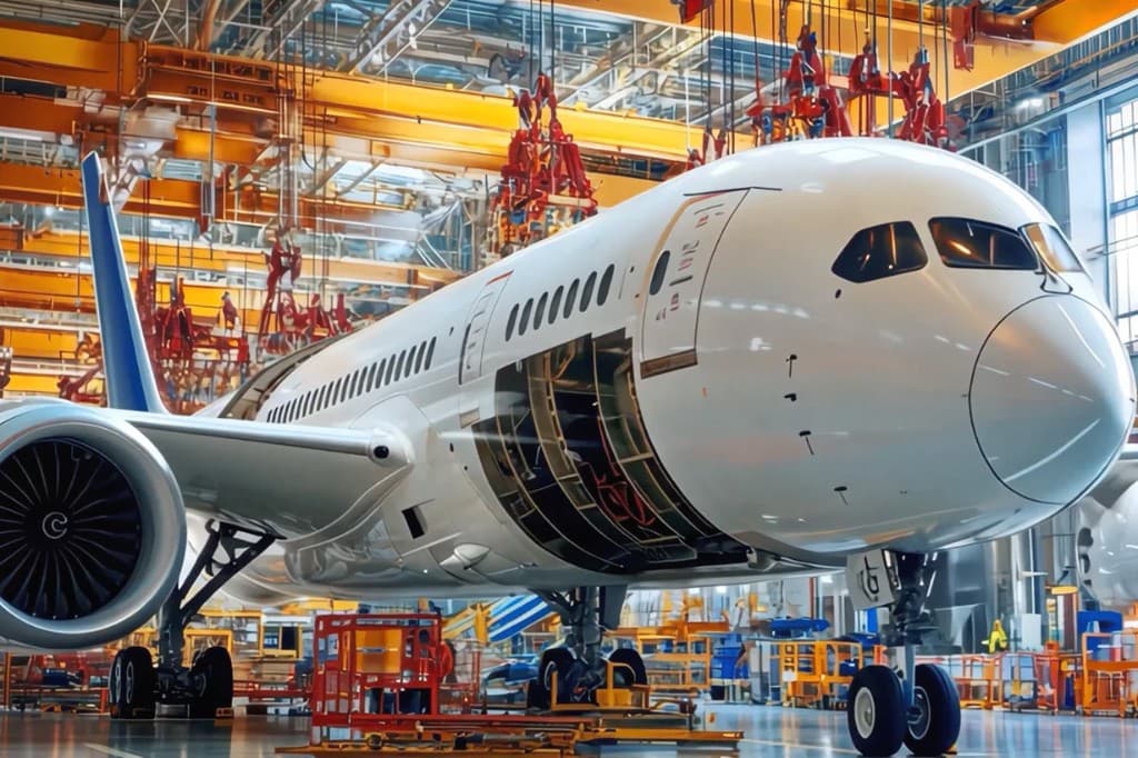 Commercial aircraft in an aerospace manufacturing facility